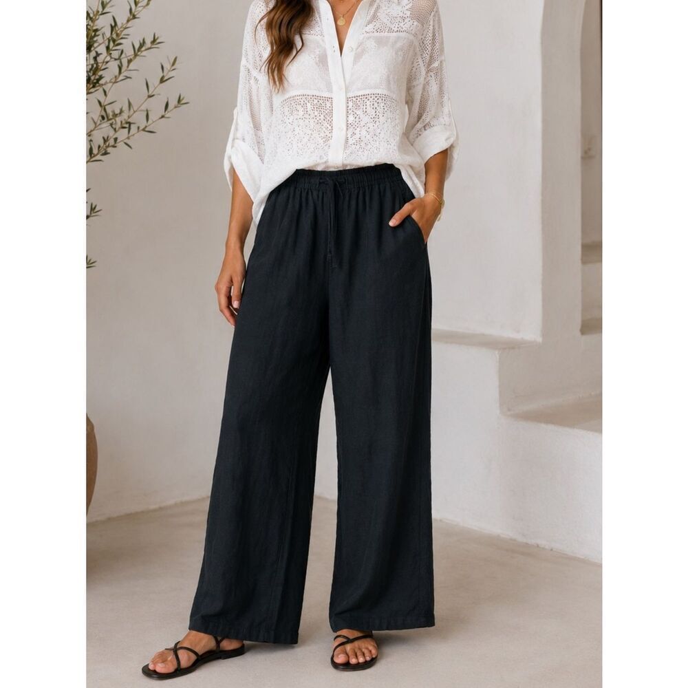 Kate Hill Black Lagenlook Linen High Rise Wide Leg Casual Pants Size PL